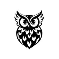 Minimalist Black and White Owl FrontFacing, Stylized Illustration with Large Eyes and Geometric Feather . vector