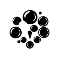 An abstract composition of black and white bubbles in various sizes and shapes, with one pale sphere and a stylized arrowlike element, centered on a white background. vector