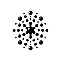 Black spherical molecule, central structure surrounded by dispersed spheres, symmetric, isolated on a stark white background. vector