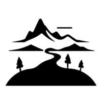 Simplified Black and White Illustration of Mountain Landscape with Winding River, Trees, and Geometric Elements. vector