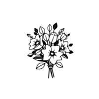 Elegant Black and White Floral Bouquet Illustration Featuring Detailed Outlines, Showcasing Various Flower Types and Leafy Elements. vector