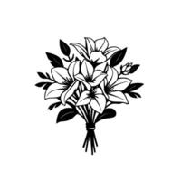 Elegant Black and White Illustration of a Lily Bouquet with Detailed Petals and Leaves, Tied at Base, on White Background. vector