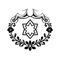 An elegant black and white emblem featuring a Star of David at its center, surrounded by floral wreath and decorative ribbon elements, isolated on white. vector