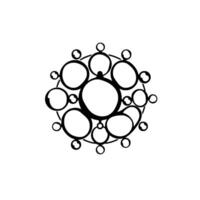 Black and white minimalist illustration of an interconnected circular network composed of varying sized rings and spheres arranged in a radial pattern against a clean white background. vector