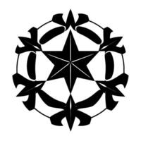 Intricate black and white symmetrical featuring a star at the center, encircled by stylized floral or leaf elements. vector