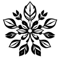 Symmetrical Black and White Floral Mandala stylized leaf pattern radiating outwards from central point, creating a bold, elegant on white background. vector
