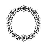 Elegant Black White Floral Wreath A Circular with Flowers, Leaves, and Delicate Details, perfect for invitation or decorative use. vector