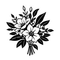 Elegant Monochrome Floral Bouquet Illustration with Detailed Flowers, Leaves, and Stem Bundle, Perfect for Designs and Art. vector