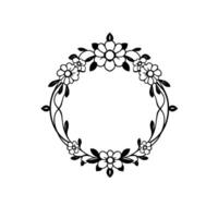Elegant black and white floral wreath , circular frame featuring stylized flowers, leaves, and branches. Perfect for invitations or decorative elements. vector