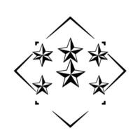 Black and white minimalist illustration of six fivepointed stars arranged within a diamondshaped frame and connecting angular lines. vector