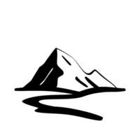 Bold monochrome illustration of a mountain silhouette with a winding river, evoking adventure and natures power. vector