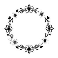 Elegant monochrome floral wreath with heart accents, minimalist , perfect for invitations and decorative purposes, on a white background. vector