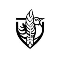 Monochromatic, minimalist crest featuring a stylized bird with a large feather within a shieldlike frame, representing strength and nature. vector