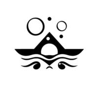 Abstract black and white featuring a stylized mountain with a circular sun, flowing water, and circular accents resembling bubbles. vector
