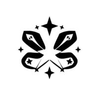 A symmetrical black and white abstract featuring a large central star, enclosed by stylized, curved elements and smaller stars radiating outwards. vector