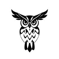 Bold Black and White Illustration of a stylized owl with extended wings and a geometric pattern on the body, isolated on white. vector