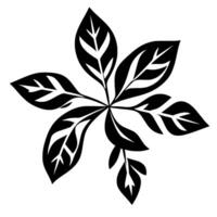 black and white illustration of a stylized plants leaves, arranged in a symmetrical starburst composition on a stark white background. vector