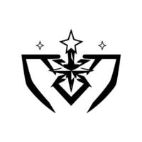 Geometric black starburst emblem with shieldlike elements and smaller stars on a stark white background, creating a modern, sharp . vector