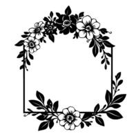 Elegant Black and White Floral Frame with Square Border, Intricate Flower and Leaf Embellishments, Isolated on White Background. vector