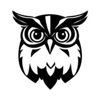 A minimalist, stylized black and white owl illustration featuring a symmetrical , sharp lines, focused gaze, and bold negative space. vector