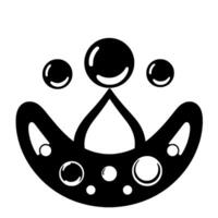 Abstract black and white featuring a crownlike shape with a central droplet, three orblike elements, and several internal circular details on a white background. vector