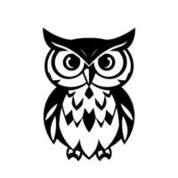 A stylized, minimalist black and white illustration of a symmetrical owl with large, focused eyes, a geometric chest, and sharp talons, set against a stark white background. vector
