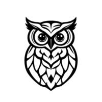 Stylized Black and White Owl Illustration with Geometric Feather Patterns and Large, Intricate Eyes in a Clean, Isolated . vector