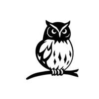 Silhouetted Perched Owl A minimalist black and white illustration of a watchful owl, detailed with geometric shapes and textures, resting on a branch against a bright background. vector