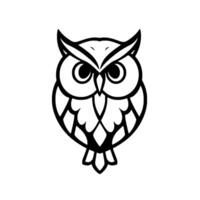 A symmetrical, minimalistic black and white illustration of an owl, featuring sharp lines and bold outlines, set against a clean white background. vector