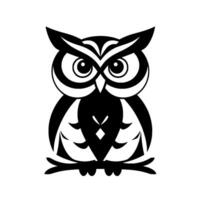 Bold Black and White Owl Illustration Perched on Branch with Striking Geometric and Intricate Feather Detailing. vector