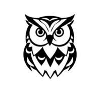 A symmetrical, minimalist black and white of a wise owl with stylized geometric feather patterns and sharp, focused gaze against a white background. vector