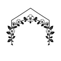 Elegant black and white floral arch , featuring a decorative geometric frame with stylized flowers and leaves on white background, perfect for invitations and elements. vector