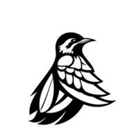 A stylized, monochromatic bird illustration featuring intricate feather detail and a sharp, focused gaze, set against a clean white backdrop. vector