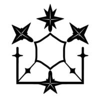 Intricate black and white symmetrical featuring stylized stars, a central shield, and decorative tcrosses, creating a sophisticated, abstract emblem. vector