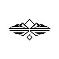 Symmetrical Black and White Mountain and Water Reflection with Abstract Geometric Elements on a White Background. vector