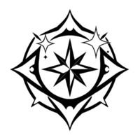 Intricate black and white geometric emblem featuring an eightpointed star, surrounded by stylized radiating shapes and sparkling stars on white. vector