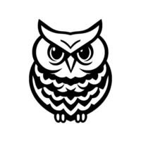 A bold, minimalist black and white illustration of an owl with expressive eyes, sharp talons, and a stylized, on a clean white background. vector