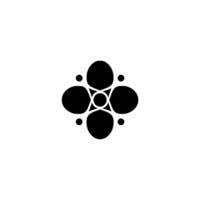 A symmetrical, minimalist featuring four dark circular shapes around a central geometric pattern and dots against a white backdrop. vector
