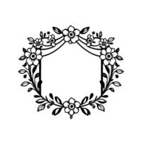 Elegant Black and White Floral Frame A Symmetrical Hexagon Adorned with Delicate Blossoms and Leafy Vines, Ideal for Invitations and Decorations. vector