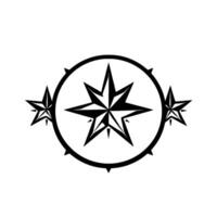 Bold Black and White Nautical Star Emblem, Circular with Point Star, and Two Smaller Stars, Minimalist and Decorative. vector