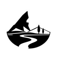 Minimalist black and white depicting a landscape scene with mountains, trees, and a winding river, enclosed within a curved border. vector
