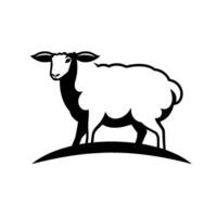 A stylized, highcontrast black and white illustration of a sheep standing on a slight hill, with minimalist elements. vector