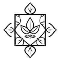 Monochromatic Geometric Floral Symmetrical Black and White Illustration of a Leafy Arrangement in a Square Frame, with Extended PetalShaped Elements. vector