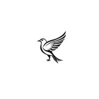 Minimalist Black and White Bird with Wing Extended in Flight Pose Against Plain White Background, Symbolism of Freedom. vector