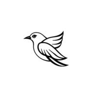 A minimalist black and white illustration depicting a stylized bird in flight, against a pristine white background. vector