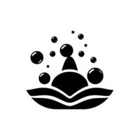 Stylized black and white of bubbly soap foam, resembling a crest, arising from wavy basin. vector