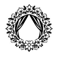 Circular Floral A symmetrical blackandwhite illustration, featuring a wreath of stylized flowers and leaves encircling an open space, creating a decorative, elegant motif. vector