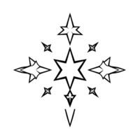 Geometric, symmetrical starburst pattern featuring varied, minimalist star shapes, radiating from a central sixpointed star, presented in stark black and white. vector