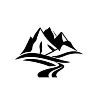 A stark minimalist illustration of majestic mountain peaks and a winding river path rendered in solid black against a white background, evoking a sense of tranquility and adventure. vector