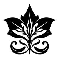 Symmetrical, black and white floral with pointed leaf, stylized curves, and ornamental flourishes set on a white background. vector